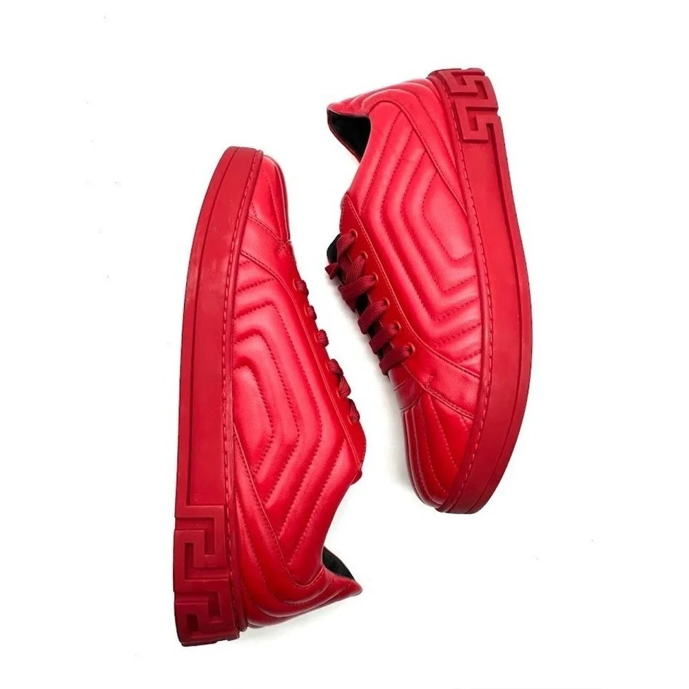 Versace Mens‎ Red Quilted Leather Medusa Greca Low Top Sneakers Shoes